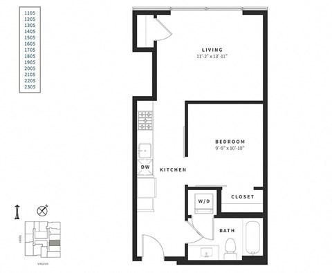 Floor plan for studio, 1 bath, 581 sqft